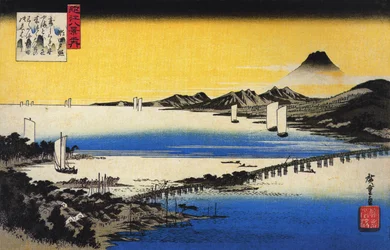 Hiroshige Vista de un largo puente sobre un lago