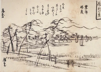 Hiroshige, Vista de un camino junto a un lago