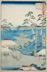 Hodogaya: Vista Lejana de las Montañas Kamakura desde la Casa de Descanso cerca del Árbol Límite (Hodogaya, Kyoboku tateba Kamakura yama enbo), no. 5 de la serie "Vistas Famosas de las Cincuenta y Tres Estaciones (Gojusan tsugi meisho zue)"