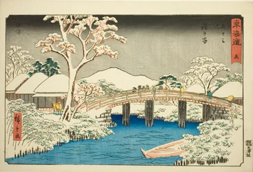 Hodogaya: Río Katabira y Puente Katabira (Hodogaya, Katabiragawa Katabirabashi)—No. 5, de la serie "Cincuenta y tres estaciones del Tokaido (Tokaido gojusan tsugi)", también conocido como el Reisho Tokaido