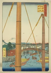 Puente Inari y Santuario Minato, Teppozu (Teppozu Inaribashi Minato Jinja), de la serie "Cien vistas famosas de Edo (Meisho Edo hyakkei)"