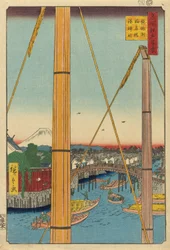 Puente Inari y Santuario Minato, Teppozu (Teppozu Inaribashi Minato Jinja), de la serie "Cien vistas famosas de Edo (Meisho Edo hyakkei)"