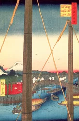Puente Inari y Santuario Minato, Teppozu, lámina 77 de la serie Cien vistas famosas de Edo, Periodo Edo, Era Ansei, 1857