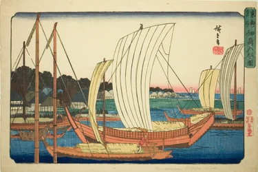 Barcos entrantes en la isla Tsukuda (Tsukudajima irifune no zu), de la serie "Lugares famosos en la capital oriental (Toto meisho)"
