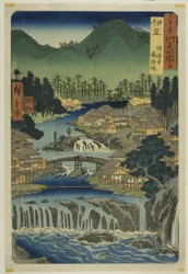 Provincia de Izu: Aguas termales del templo de Shuzen (Izu, Shuzenji tojiba), de la serie "Lugares famosos de las sesenta y tantas provincias (Rokujuyoshu meisho zue)".