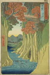 Provincia de Kai: Puente del Mono (Kai, Saruhashi), de la serie "Lugares famosos en las sesenta y tantas provincias (Rokujuyoshu meisho zue)"