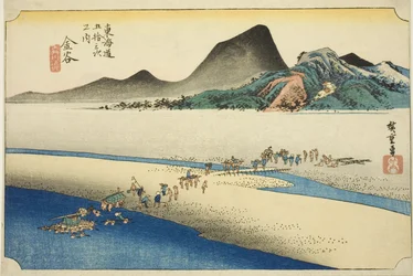Kanaya: La orilla lejana del río Oi (Kanaya, Oigawa engan), de la serie "Cincuenta y tres estaciones del camino Tokaido (Tokaido gojusan tsugi no uchi)", también conocida como el Tokaido de Hoeido
