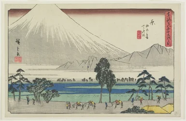 Área de descanso de Kashiwahara junto al estanque con vista al monte Fuji, Hara, 1841-1842