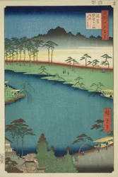 Santuario Kumano Junisha en Tsunohazu, conocido popularmente como Juniso (Tsunohazu Kumano Junisha, zokusho Juniso), de la serie "Cien vistas famosas de Edo (Meisho Edo hyakkei)"