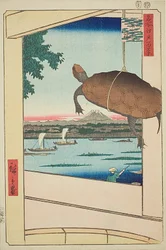 Puente Mannen, Fukagawa (Fukagawa Mannenbashi), nº 56 de la serie "Cien vistas famosas de Edo (Meisho Edo hyakkei)".