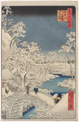 Imagen del crepúsculo en el Puente del Tambor en Meguro, de la serie 100 Vistas de Lugares Famosos en Edo