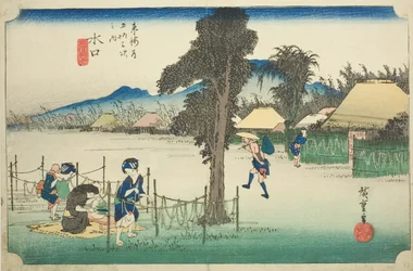 Minakuchi: Virutas de calabaza seca, una especialidad local (Minakuchi, meibutsu kanpyo), de la serie "Cincuenta y tres estaciones del Tokaido (Tokaido gojusan tsugi no uchi)," también conocida como el Tokaido de Hoeido