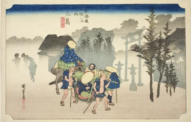 Mishima: Niebla Matutina (Mishima, asagiri), de la serie "Cincuenta y Tres Estaciones del Camino Tokaido (Tokaido gojusan tsugi no uchi)," también conocida como el Tokaido de Hoeido