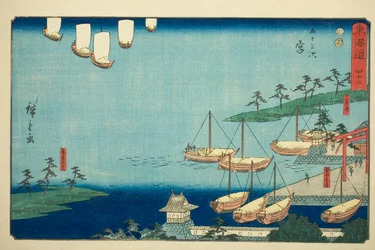 Miya: Cruce del ferry Shichiri, puerta al santuario Atsuta y al pueblo de Nezame—No. 42, de la serie "Cincuenta y tres estaciones del Tokaido"