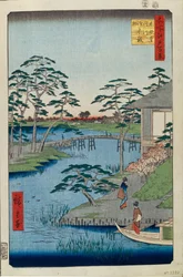Templo Mokuboji y campos de vegetales en la ensenada de Uchigawa Cien vistas famosas de Edo, 1856-1858