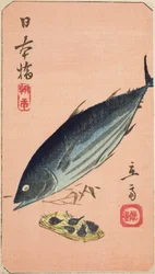 Mercado matutino en el puente Nihon (Nihonbashi, asaichi), sección de una hoja de la serie "Recortes de lugares famosos en Edo (Harimaze Koto meisho)"