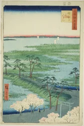 Santuario Moto-Hachiman, Sunamura (Sunamura Moto-Hachiman), de la serie "Cien vistas famosas de Edo (Meisho Edo hyakkei)"
