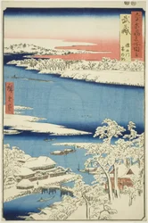 Provincia de Musashi: Mañana después de la nieve en el río Sumida (Musashi, Sumidagawa yuki no ashita), de la serie "Lugares famosos en las sesenta y tantas provincias (Rokujuyoshu meisho zue)"