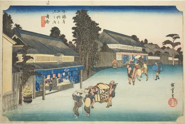 Narumi: Famosas telas teñidas de Arimatsu (Narumi, meibutsu Arimatsu shibori), de la serie "Cincuenta y tres estaciones del Tokaido (Tokaido gojusan tsugi no uchi)", también conocida como el Tokaido de Hoeido