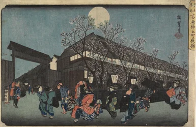 Vista Nocturna de Nakanomachi con Cerezos en Flor en Yoshiwara, 1832-1834