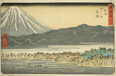 Numazu—No. 13, de la serie "Cincuenta y tres estaciones del Tokaido (Tokaido gojusan tsugi)," también conocida como el Reisho Tokaido