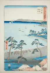 Odawara: Casas de pescadores en la playa (Odawara, kaigan gyosha), nº 10 de la serie "Lugares famosos de las cincuenta y tres estaciones (Gojusan tsugi meisho zue)", también conocida como Tokaido vertical.