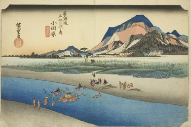 Odawara: El Río Sakawa (Odawara, Sakawagawa), de la serie "Cincuenta y Tres Estaciones del Camino Tokaido (Tokaido gojusan tsugi no uchi)," también conocida como el Tokaido de Hoeido