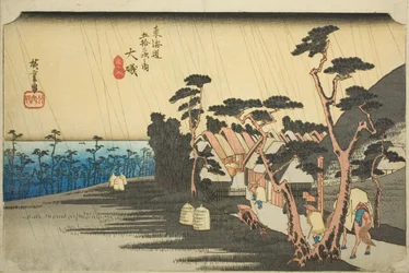 Oiso: La lluvia de Tora (Oiso, Tora ga ame), de la serie "Cincuenta y tres estaciones del camino de Tokaido (Tokaido gojusan tsugi no uchi)", también conocida como Hoeido Tokaido.