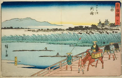 Okazaki: Río Yahagi (Okazaki, Yahagigawa)—No. 39, de la serie "Cincuenta y tres estaciones del Tokaido (Tokaido gojusan tsugi)," también conocida como el Reisho Tokaido