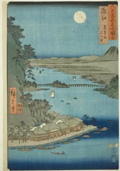 Provincia de Omi: Lago Biwa y Templo Ishiyama (Omi, Biwako Ishiyamadera), de la serie "Lugares Famosos en las Sesenta y Pico Provincias (Rokujuyoshu meisho zue)"