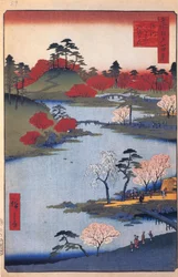 Jardín abierto en el santuario Hachiman de Fukagawa. Cien vistas famosas de Edo, hacia 1858