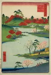 Apertura del jardín en el Santuario Fukagawa Hachiman (Fukagawa Hachiman yamabiraki), de la serie "Cien vistas famosas de Edo (Meisho Edo hyakkei)"