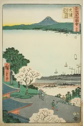 Otsu: Vista lejana de Otsu y el lago desde el Salón Kannon del Templo Mii (Otsu, Miidera Kannondo yori Otsu no machi kosui chobo), no. 54 de la serie "Vistas famosas de las cincuenta y tres estaciones (Gojusan tsugi meisho zue)"