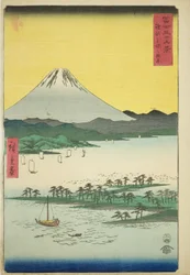 Playa de pinos en Miho en la provincia de Suruga, de la serie "Treinta y seis vistas del monte Fuji"