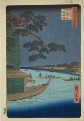 Pino del éxito y Oumayagashi, río Asakusa (Asakusagawa Shubi no matsu Oumayagashi), de la serie "Cien vistas famosas de Edo (Meisho Edo hyakkei)"