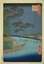 Pino del éxito y Oumayagashi, río Asakusa (Asakusagawa shubi no matsu Oumayagashi), de la serie "Cien vistas famosas de Edo (Meisho Edo hyakkei)"
