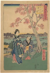 Contemplación de los ciruelos en flor en el tercer mes junto al río Sumida, de la serie Acontecimientos anuales en lugares célebres de la capital oriental (Tōto meisho nenjū gyōji sangatsu sumitagawa waka mōde)