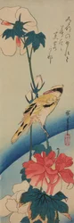 Vogel (Gelber Zimtkopf) auf einem Ast der Chinesischen Rose / Fuyo-ni koraiuguisu