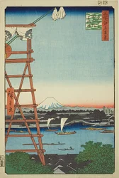 Ryogoku Ekoin y puente Moto-Yanagi (Ryogoku Ekoin Moto-Yanagibashi), nº 5 de la serie "Cien vistas famosas de Edo (Meisho Edo hyakkei)".