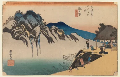 Sakanoshita: el pico de tirar el pincel, placa 49 de la primera serie Tokaido, c.1834