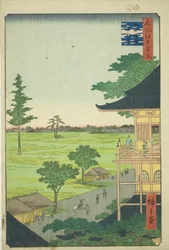 Salón Sazai del Templo de los Quinientos Rakan (Gohyaku Rakan Sazaido), de la serie "Cien Vistas Famosas de Edo (Meisho Edo hyakkei)"