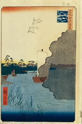 Pinos dispersos en el río Tone, Cien vistas famosas de Edo, 1856-1858