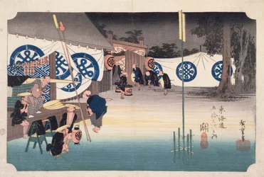 Seki, salida temprana de la posada del Daimyo, de Cincuenta y tres estaciones en la carretera Tokaido, c.1834