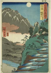 Provincia de Shinano: La luna reflejada en los campos de arroz de Sarashina cerca del monte Kyôdai (Shinano, Sarashina tagoto no tsuki, Kyôdaisan), de la serie Lugares famosos en las sesenta y tantas provincias (Rokujûyoshû meisho zue)