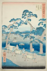 Shono: Sitio Antiguo del Montículo Shiratori (Shono, Shiratorizuka koseki), no. 46 de la serie "Vistas Famosas de las Cincuenta y Tres Estaciones (Gojusan tsugi meisho zue)," también conocida como el Tokaido Vertical