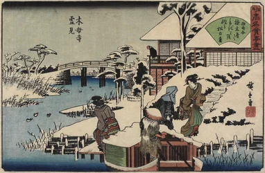 Escena de nieve en el templo Mokubo-ji y el restaurante Uekiya, c. 1835-1842