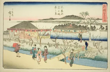 Vista de primavera del nuevo terraplén en el estanque Shinobazu (Shinobazu ike shin dote haru no kei), de la serie "Lugares famosos recién seleccionados en Edo (Shinsen Edo meisho)"