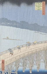 Aguacero repentino sobre el puente Ōhashi en Atake, de la serie «100 vistas de Edo», 1857
