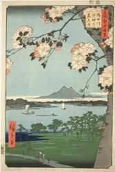 Santuario Suijin y Massaki en el río Sumida (Sumidagawa Suijin no mori Massaki), de la serie "Cien vistas famosas de Edo (Meisho Edo hyakkei)"