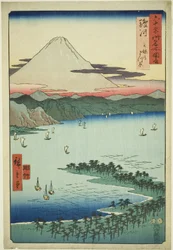 Provincia de Suruga: El bosque de pinos en Miho (Suruga, Miho no matsubara), de la serie "Lugares famosos en las sesenta y tantas provincias (Rokujuyoshu meisho zue)"